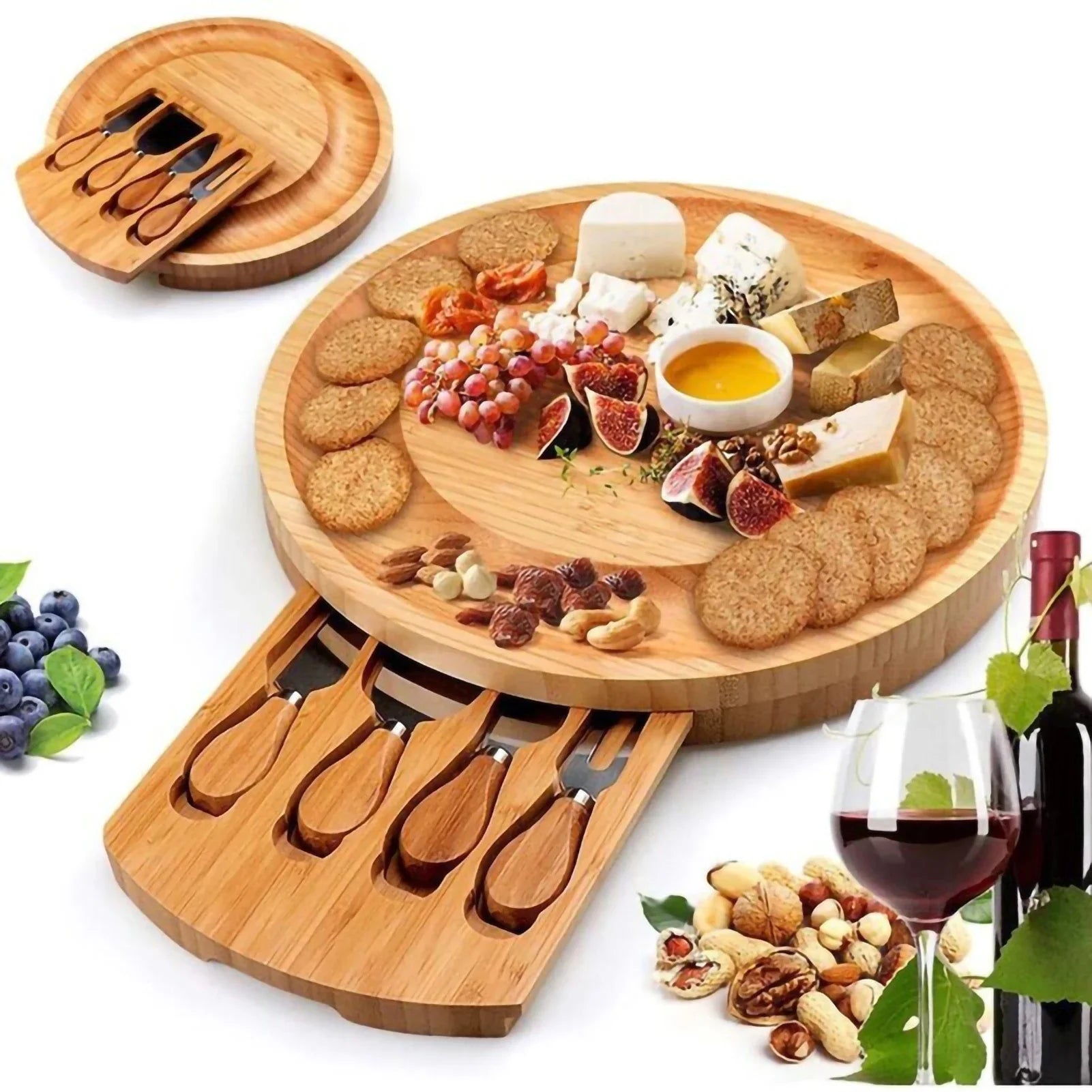 Planche Ă  Fromage Ronde en Bambou avec Tiroir