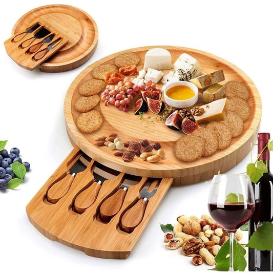 Planche à Fromage Ronde en Bambou avec Tiroir