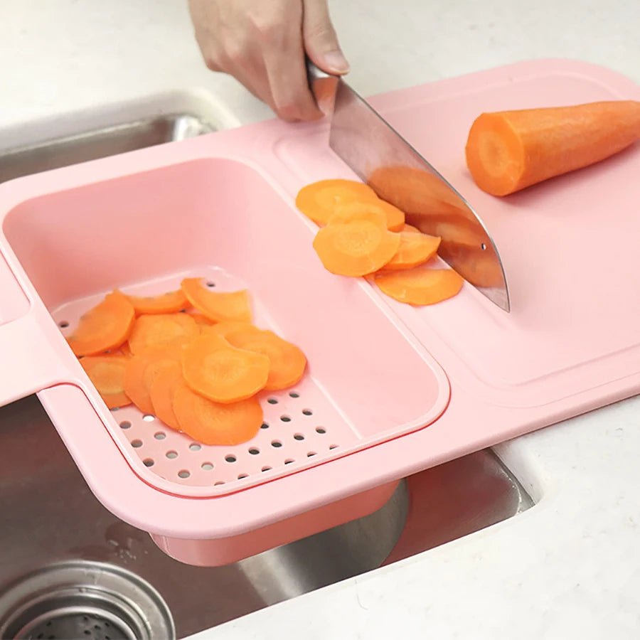 Planche à Découper Multifonction 2-en-1 – Égouttoir Intégré pour Petites Cuisines