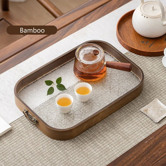 Plateau de service en bambou et acrylique fleuri