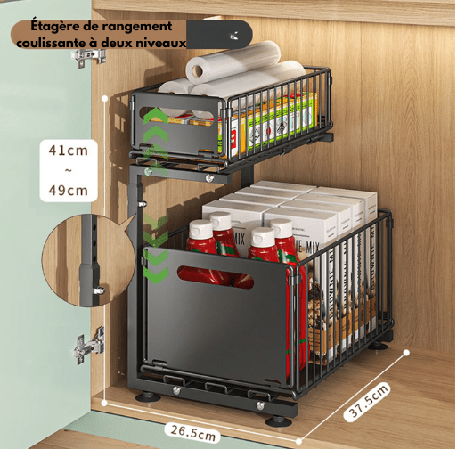 Organisateur coulissant pour placard de cuisine en acier carbone