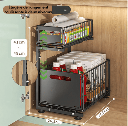 Organisateur coulissant pour placard de cuisine en acier carbone