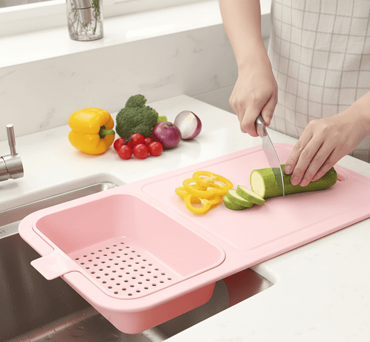Planche à Découper Multifonction 2-en-1 – Égouttoir Intégré pour Petites Cuisines