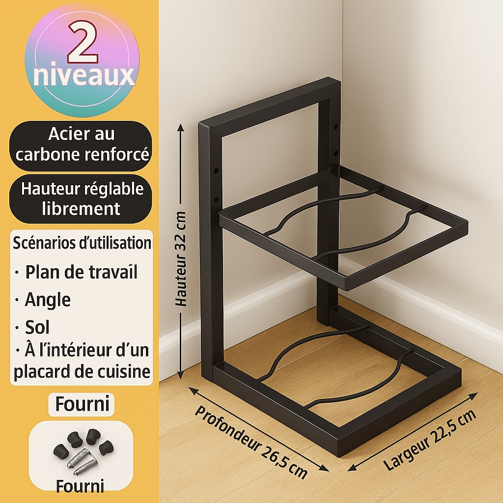 Organisateur de casseroles réglable en acier carbone
