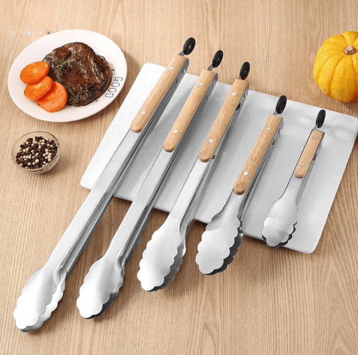 Pinces Barbecue en Acier Inoxydable et Poignée Chêne