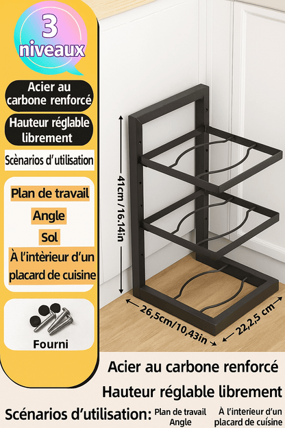 Organisateur de casseroles réglable en acier carbone