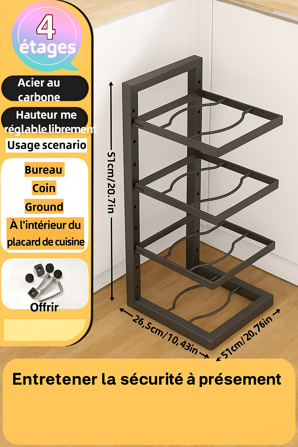 Organisateur de casseroles réglable en acier carbone