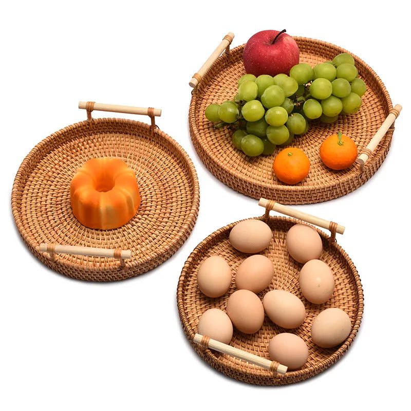 Plateau Rond en Rotin avec Poignées