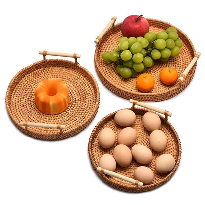 Plateau Rond en Rotin avec Poignées