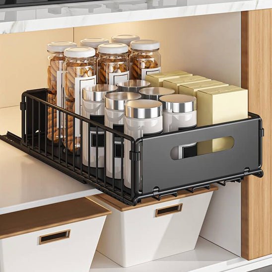 Organisateur coulissant pour placard de cuisine en acier carbone